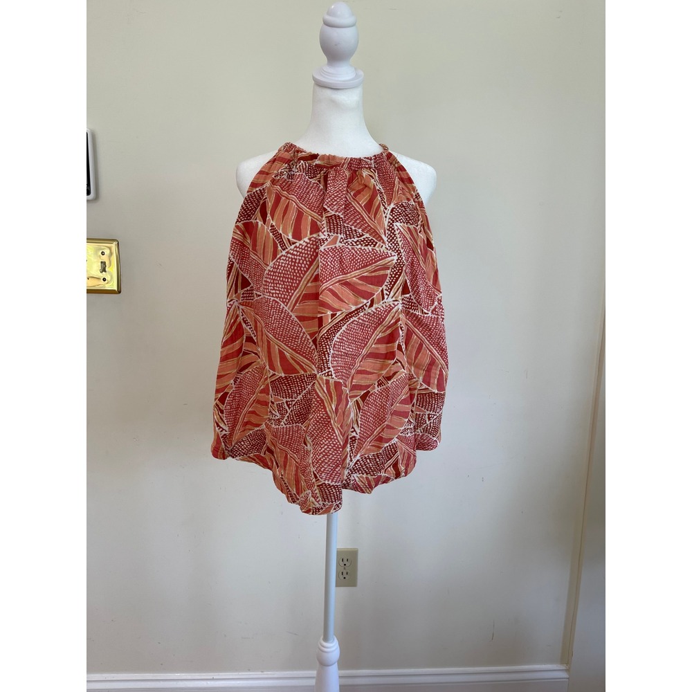 SheBird Orange Red Leaf Print Halter Top with Built-in Bra Size 7